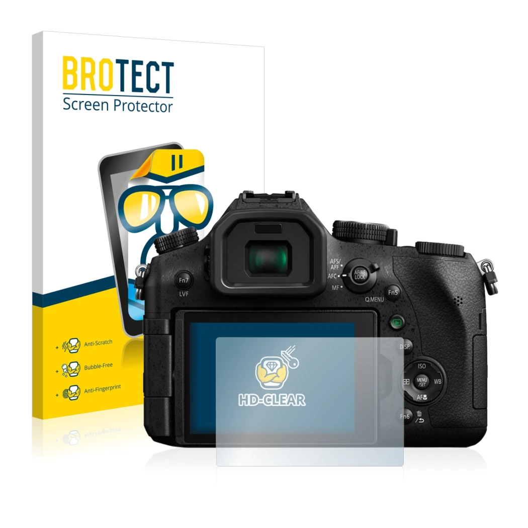 Front side of a product packaging with the brand logo BROTECT. Next to it is the device Panasonic Lumix DMC-FZ2000 shown with