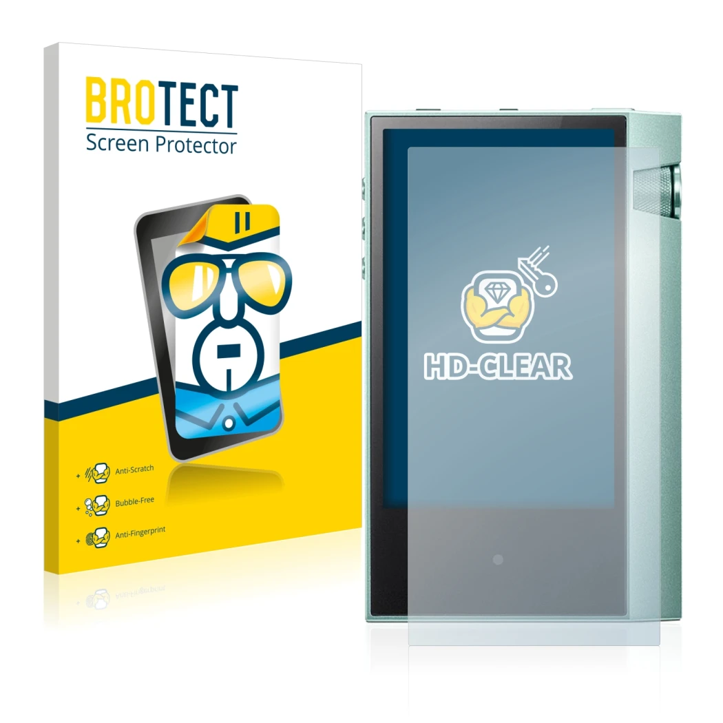 Front side of a product packaging with the brand logo BROTECT. Next to it is the device Astell&Kern AK70 shown with the corres