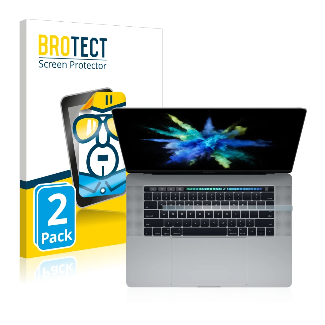 Front side of a product packaging with the brand logo BROTECT. Next to it is the device Apple MacBook Pro 15