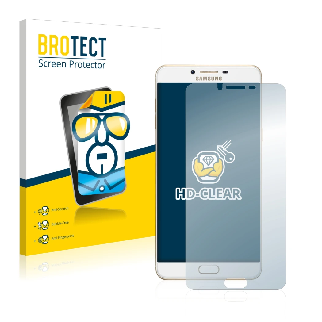 Front side of a product packaging with the brand logo BROTECT. Next to it is the device Samsung Galaxy C9 Pro shown with the c