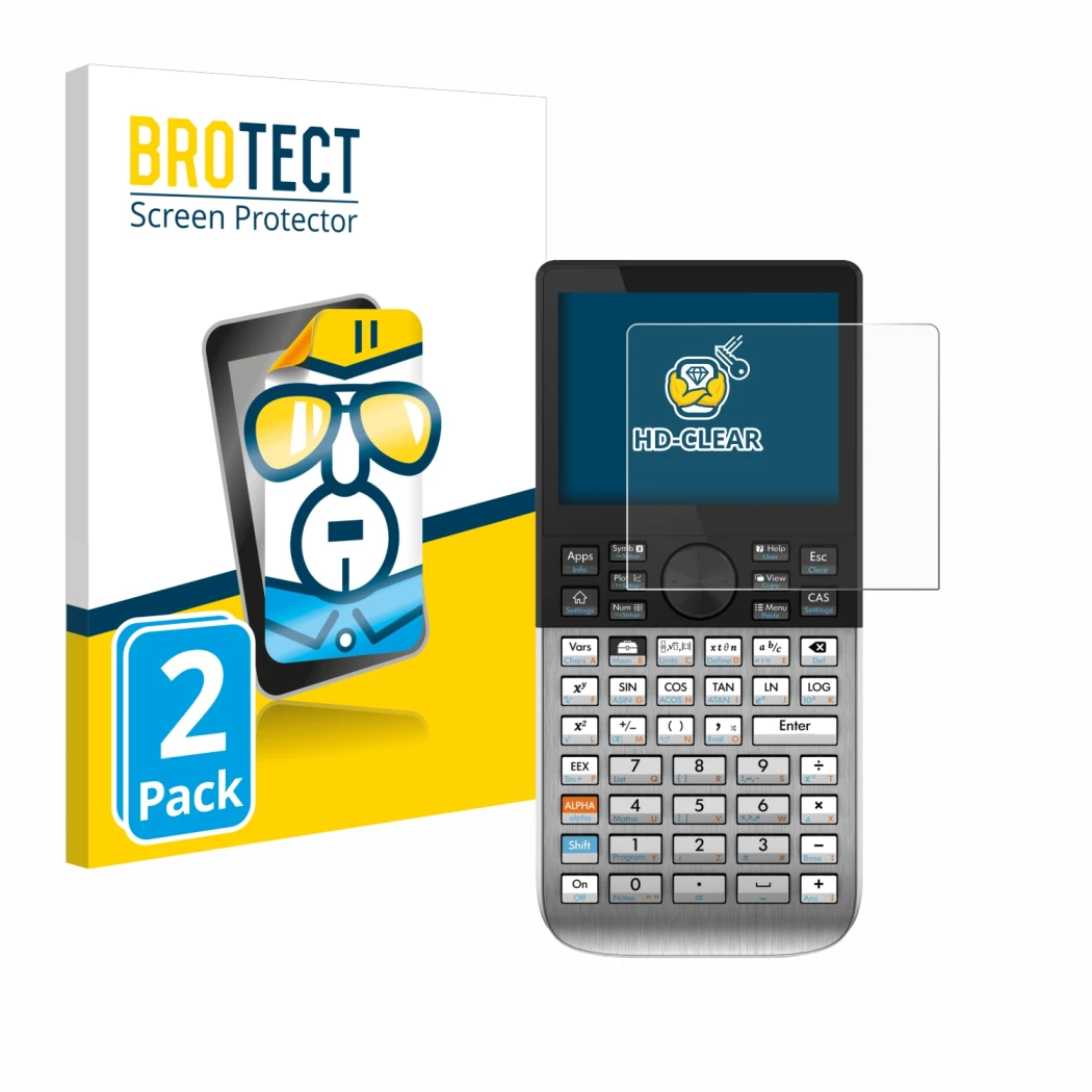 Front side of a product packaging with the brand logo BROTECT. Next to it is the device HP Prime shown with the corresponding 