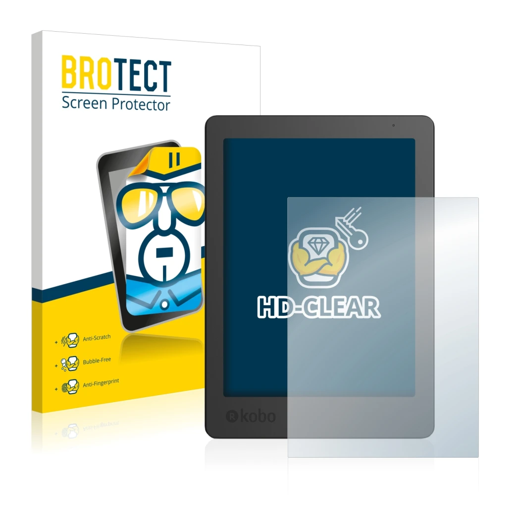Front side of a product packaging with the brand logo BROTECT. Next to it is the device Kobo Aura Edition 2 shown with the cor