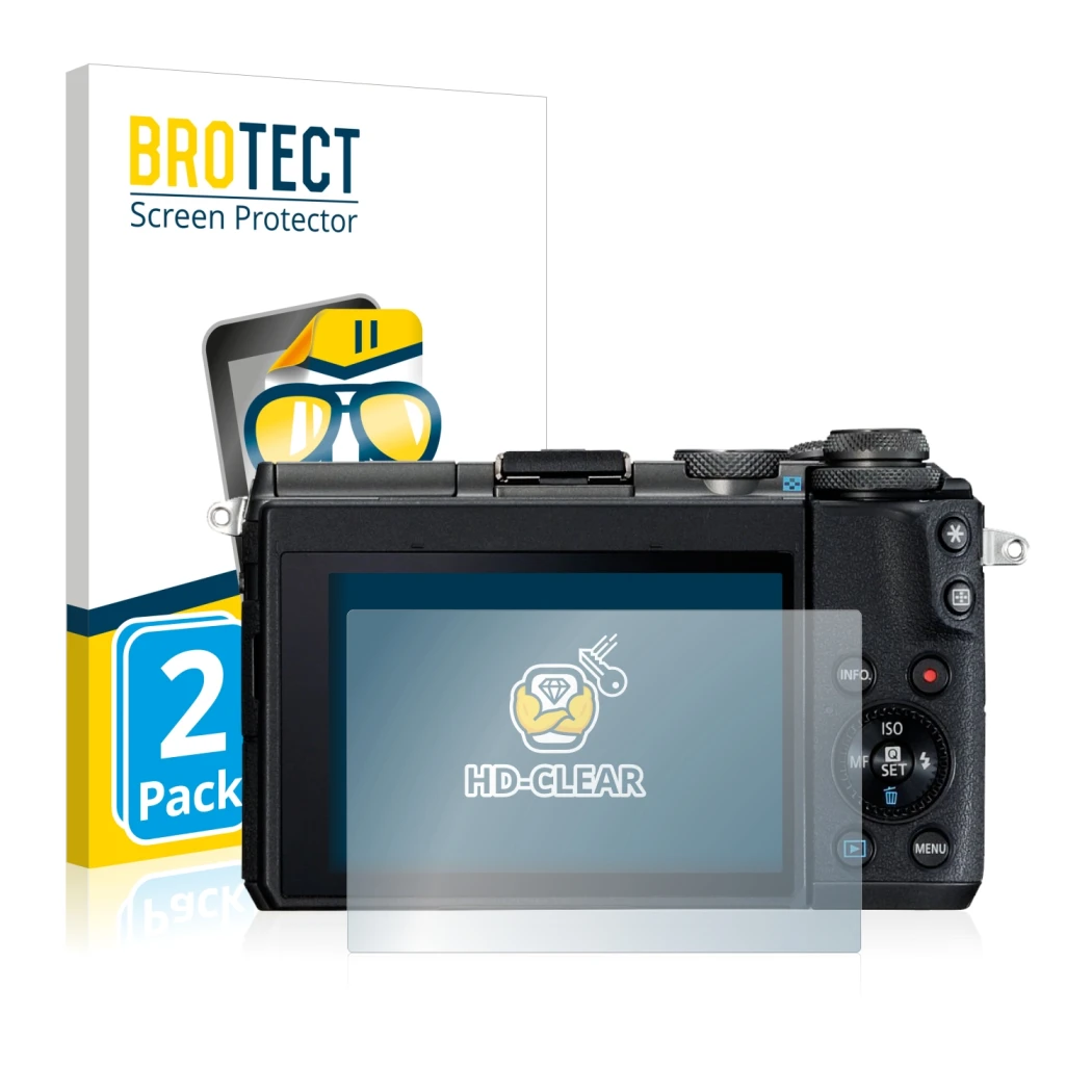Front side of a product packaging with the brand logo BROTECT. Next to it is the device Canon EOS M6 shown with the correspond