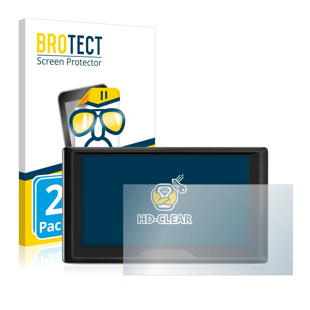 Front side of a product packaging with the brand logo BROTECT. Next to it is the device Garmin Drive 61 LMT-S shown with the c