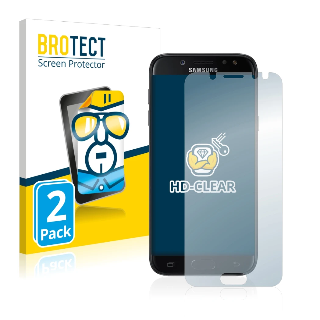 Front side of a product packaging with the brand logo BROTECT. Next to it is the device Samsung Galaxy J5 2017 shown with the 
