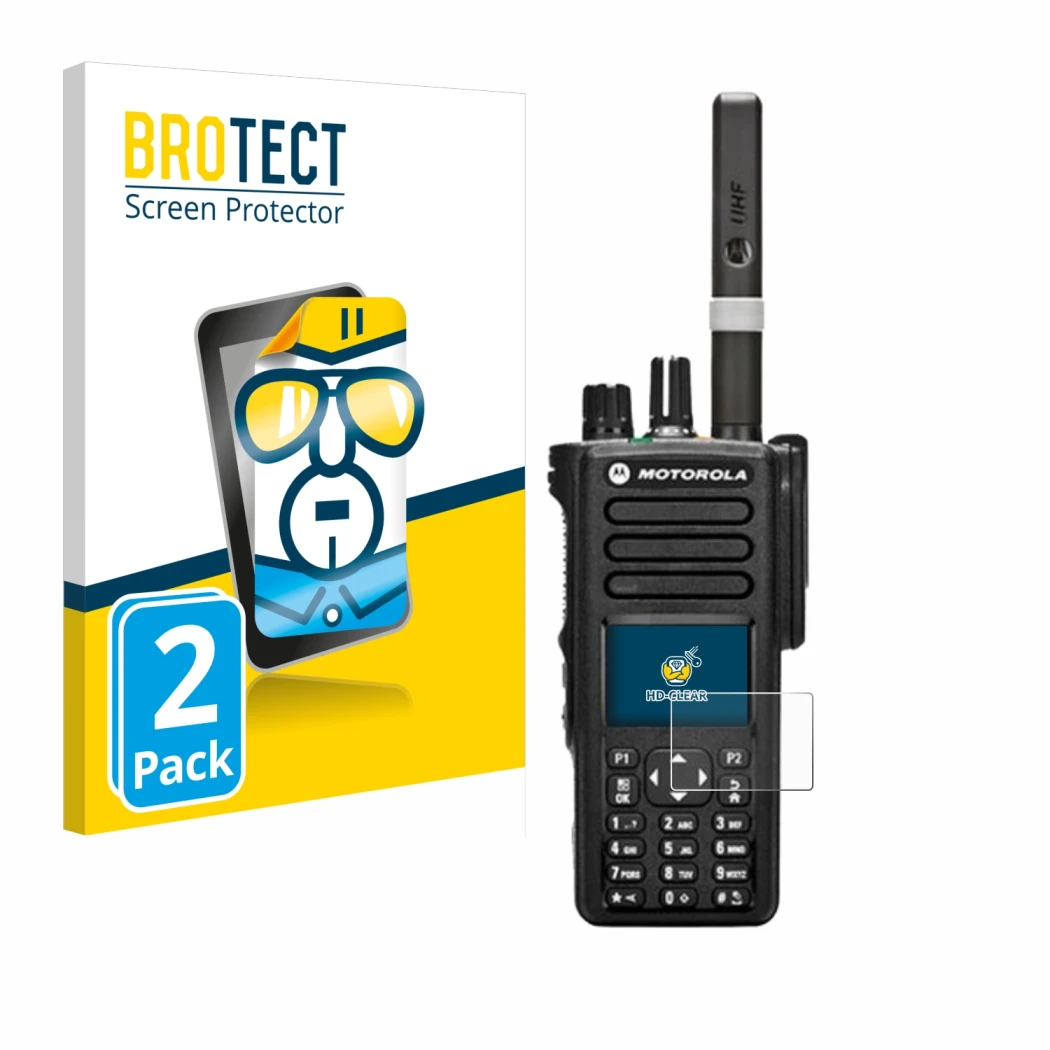 Front side of a product packaging with the brand logo BROTECT. Next to it is the device Motorola DP4800 shown with the corresp