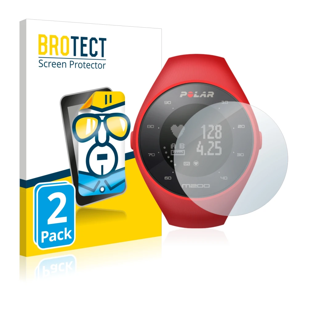 Front side of a product packaging with the brand logo BROTECT. Next to it is the device Polar M200 shown with the correspondin