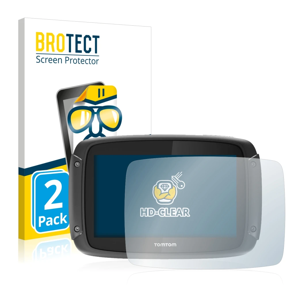 Front side of a product packaging with the brand logo BROTECT. Next to it is the device TomTom Rider 450 shown with the corres