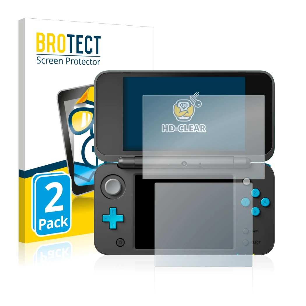 Front side of a product packaging with the brand logo BROTECT. Next to it is the device Nintendo 2DS XL shown with the corresp