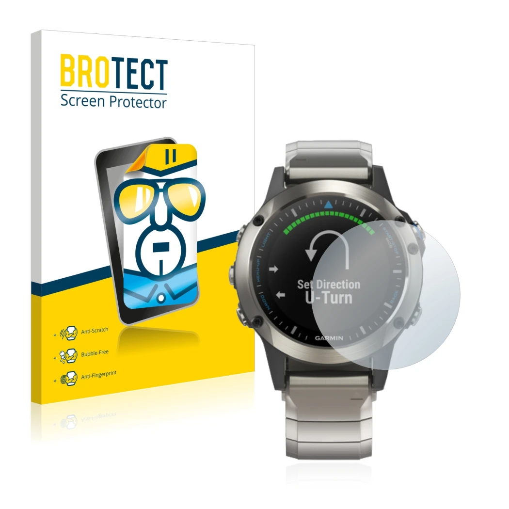 Front side of a product packaging with the brand logo BROTECT. Next to it is the device Garmin quatix 5 shown with the corresp