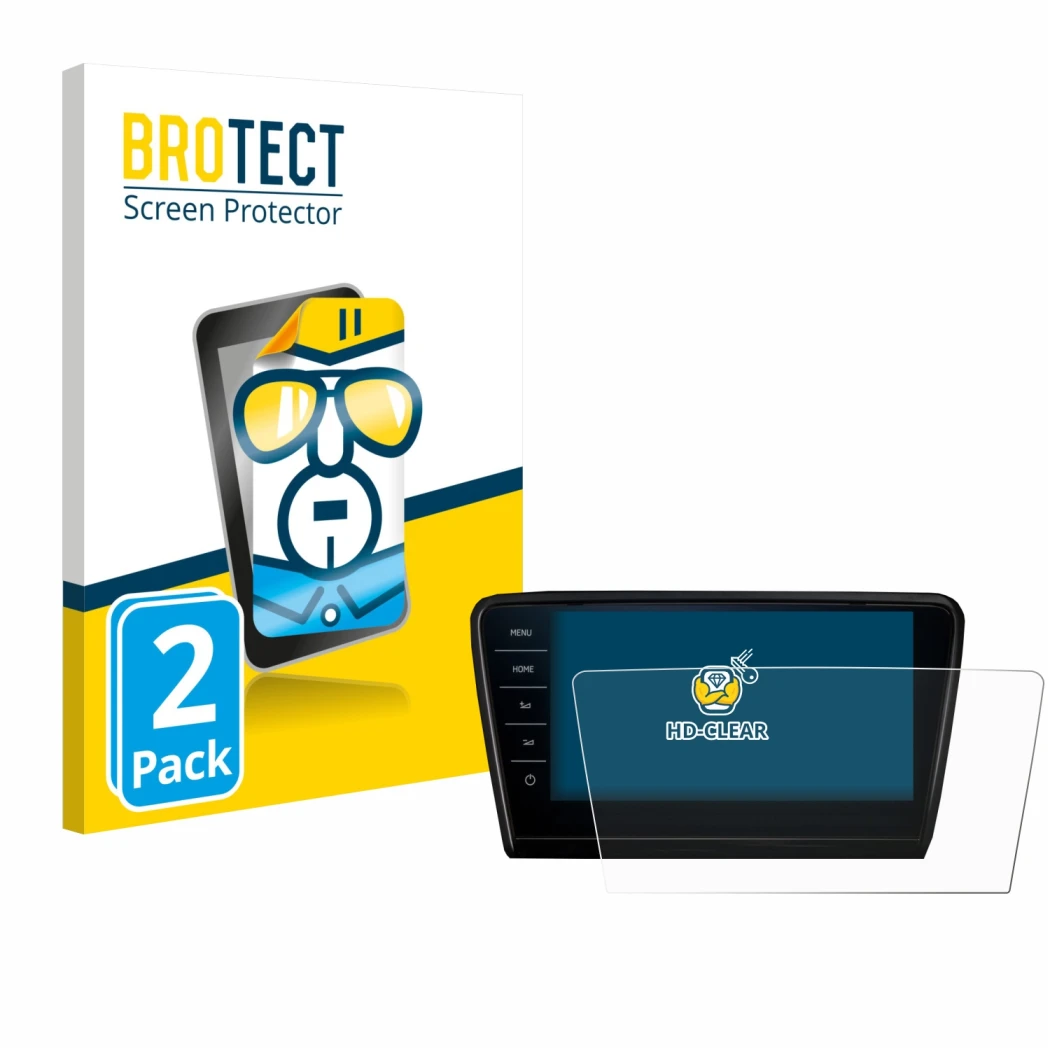 Front side of a product packaging with the brand logo BROTECT. Next to it is the device Skoda Octavia 2017 Infotainment System