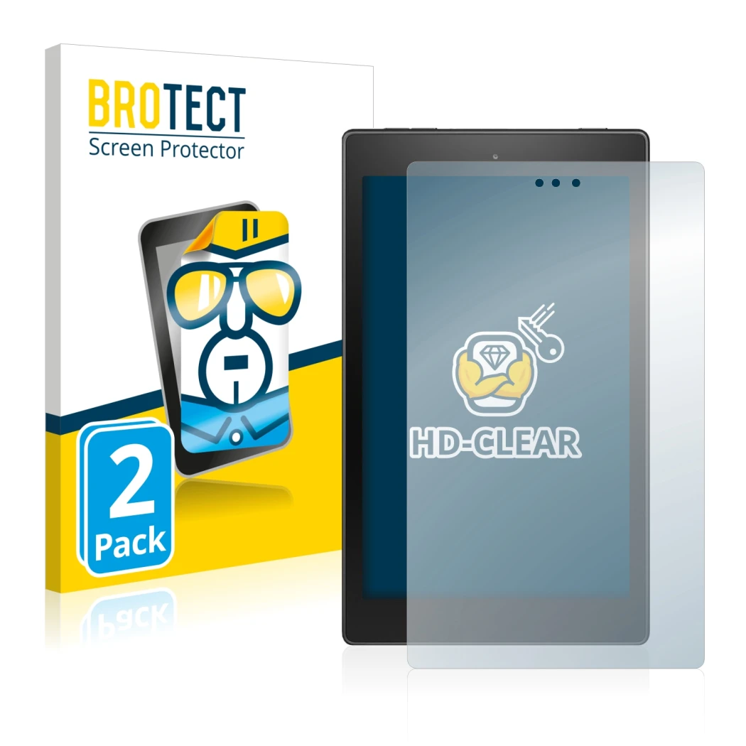 Front side of a product packaging with the brand logo BROTECT. Next to it is the device Amazon Fire HD 8 2018 (8th Gen.) shown