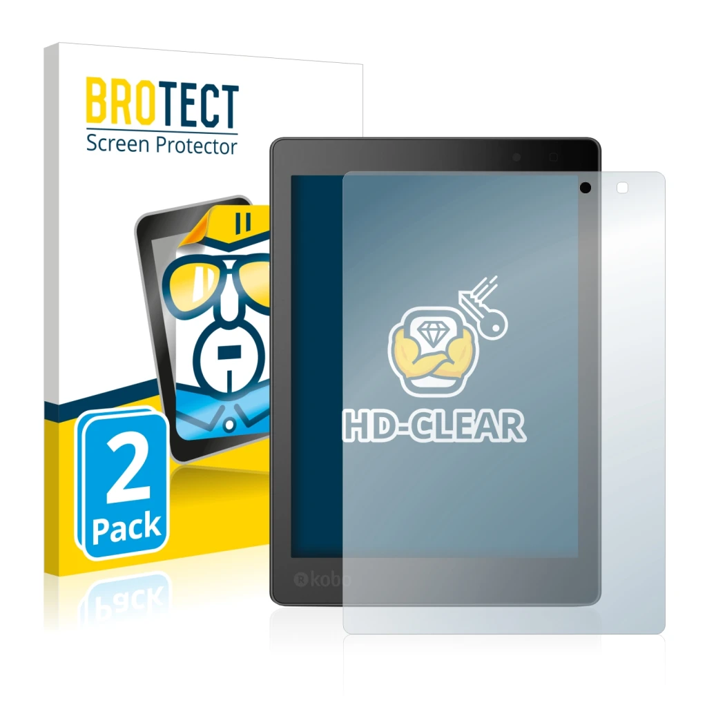 Front side of a product packaging with the brand logo BROTECT. Next to it is the device Kobo Aura One shown with the correspon