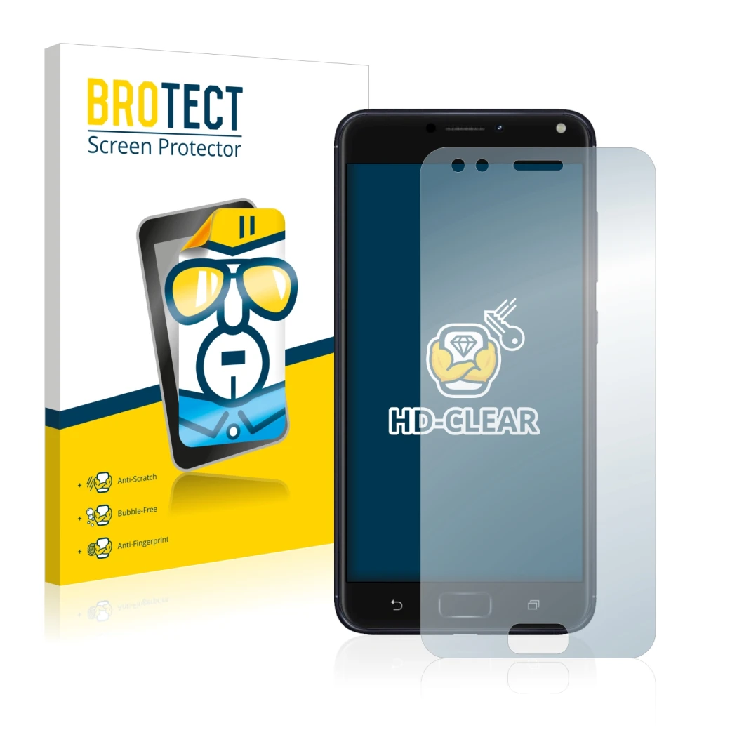 Front side of a product packaging with the brand logo BROTECT. Next to it is the device ASUS ZenFone 4 ZE554KL shown with the