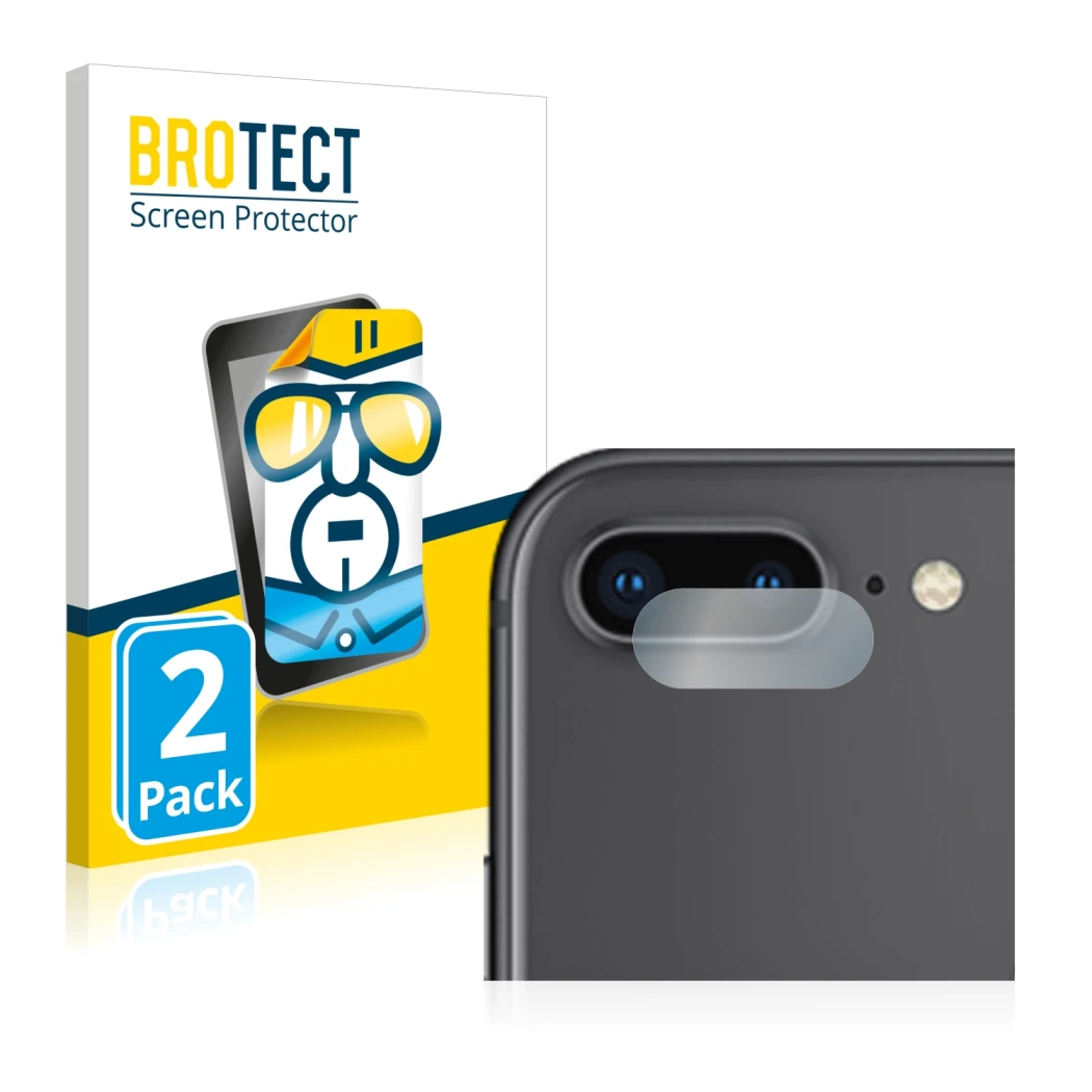 Front side of a product packaging with the brand logo BROTECT. Next to it is the device Apple iPhone 8 Plus (ONLY Camera Lens)