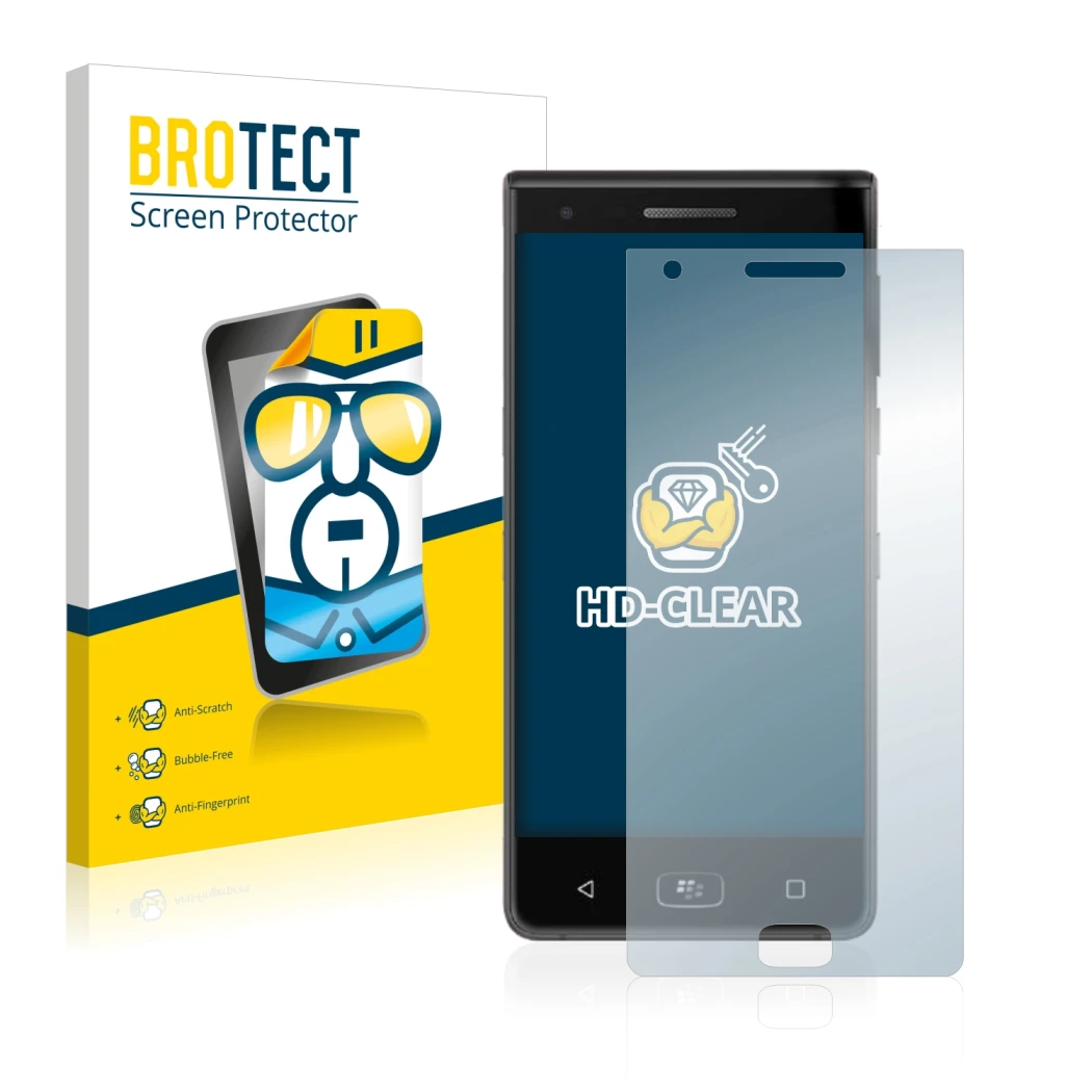 Front side of a product packaging with the brand logo BROTECT. Next to it is the device BlackBerry Motion 2017 shown with the 