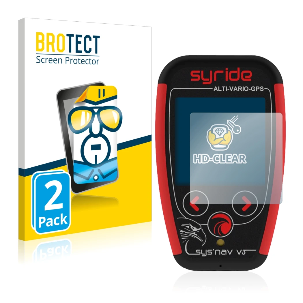 Front side of a product packaging with the brand logo BROTECT. Next to it is the device Syride Sys'Nav V3 shown with the corre