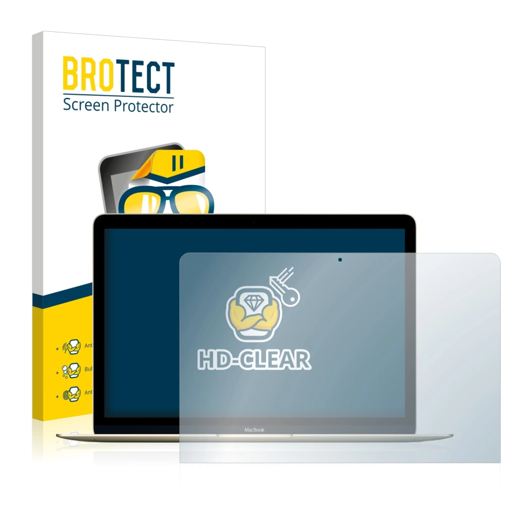 Front side of a product packaging with the brand logo BROTECT. Next to it is the device Apple MacBook Retina 12