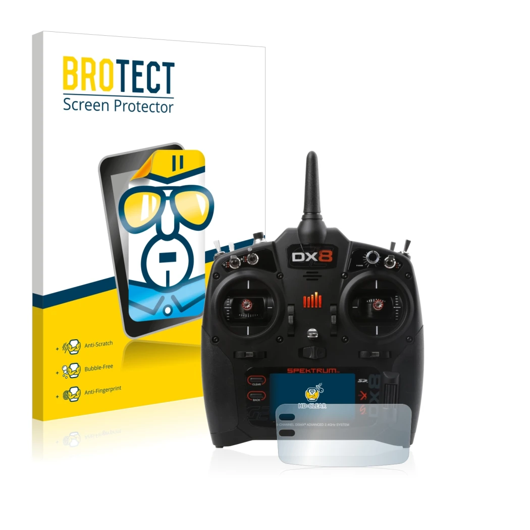 Front side of a product packaging with the brand logo BROTECT. Next to it is the device Spektrum DX8 G2 shown with the corresp