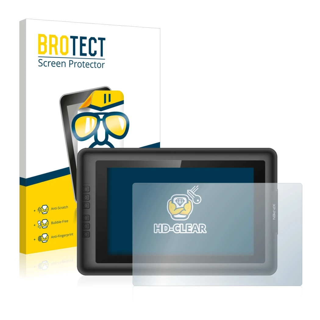 Front side of a product packaging with the brand logo BROTECT. Next to it is the device XP-Pen Artist 13.3 shown with the corr
