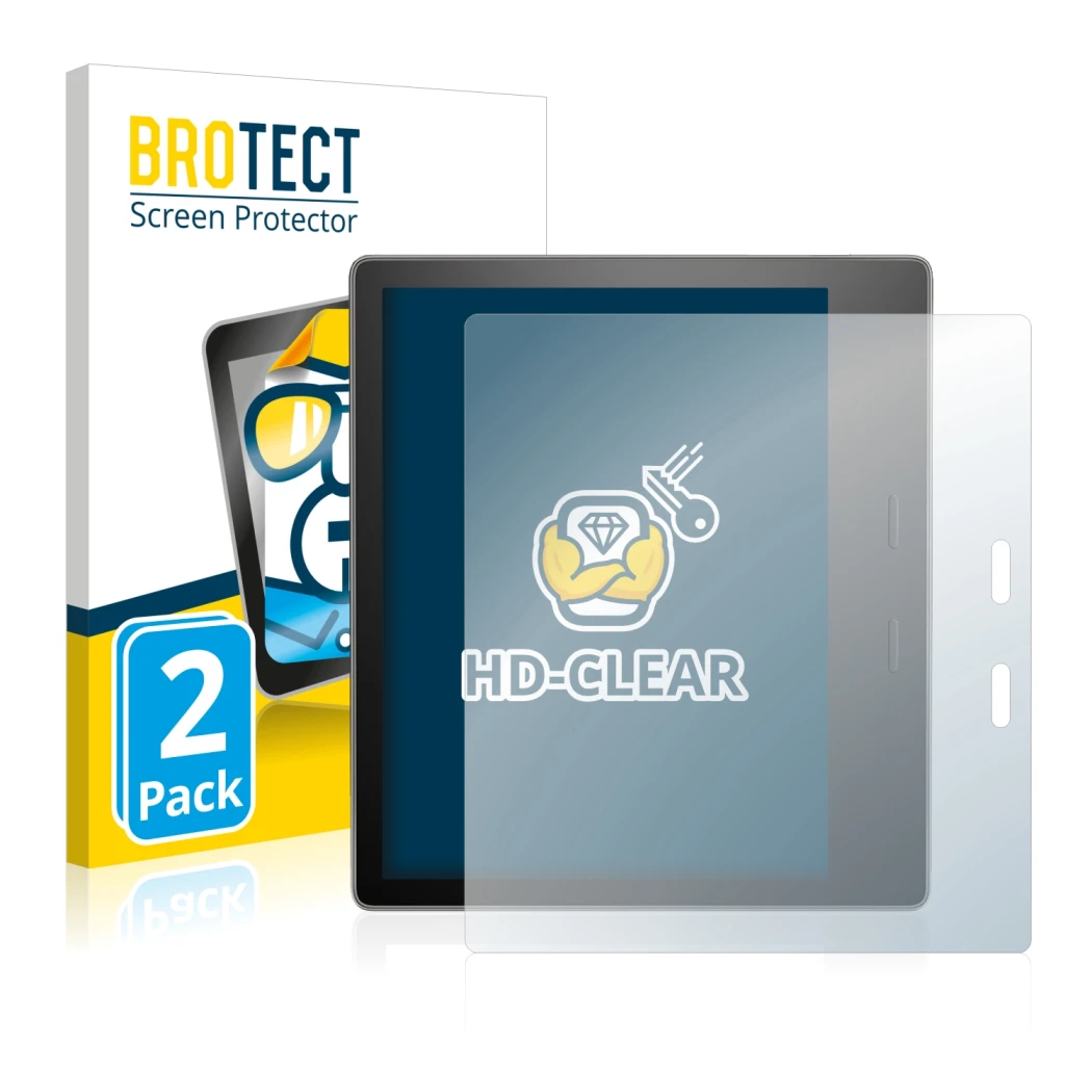 Front side of a product packaging with the brand logo BROTECT. Next to it is the device Amazon Kindle Oasis 2017 (9th Gen.) sh