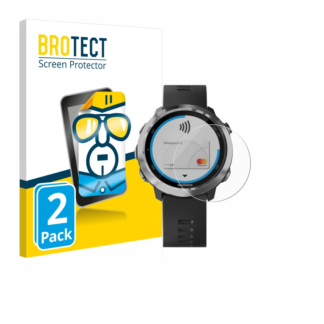 Front side of a product packaging with the brand logo BROTECT. Next to it is the device Garmin Forerunner 645 shown with the c