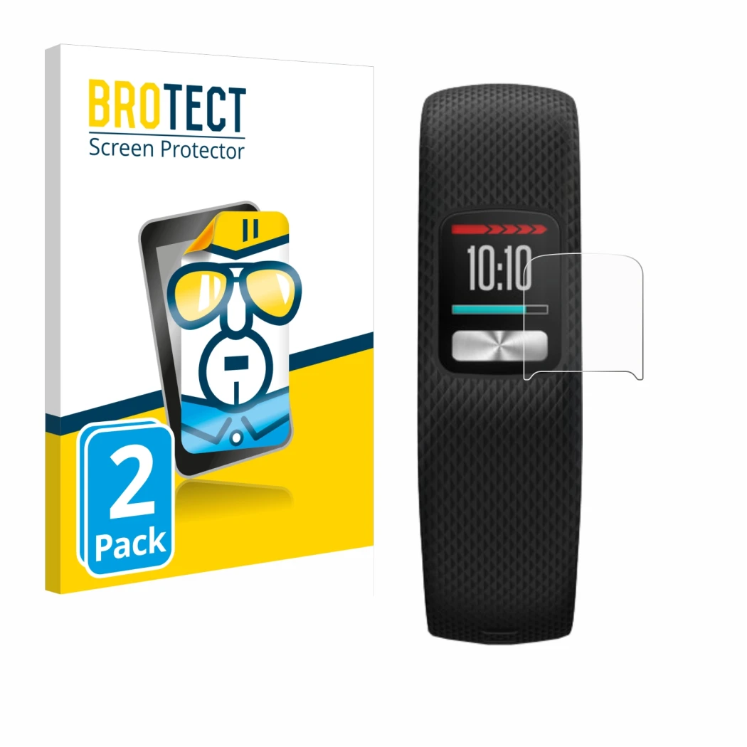 Front side of a product packaging with the brand logo BROTECT. Next to it is the device Garmin Vivofit 4 shown with the corres