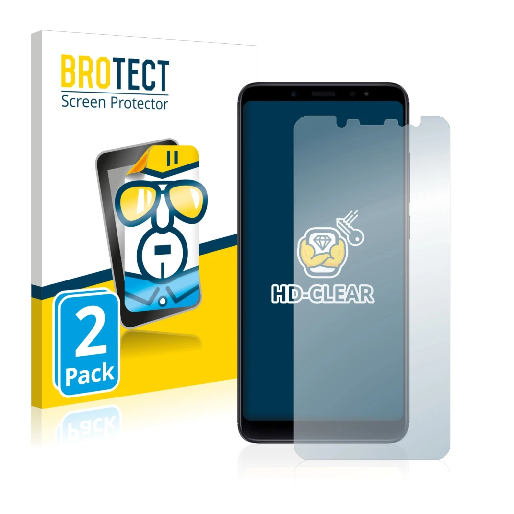 Front side of a product packaging with the brand logo BROTECT. Next to it is the device Xiaomi Redmi Note 5 shown with the cor