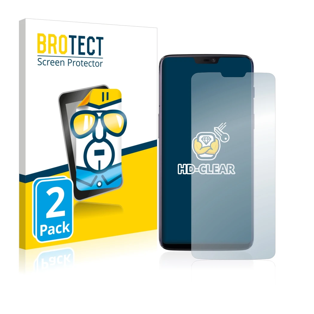 Front side of a product packaging with the brand logo BROTECT. Next to it is the device OnePlus 6 shown with the corresponding