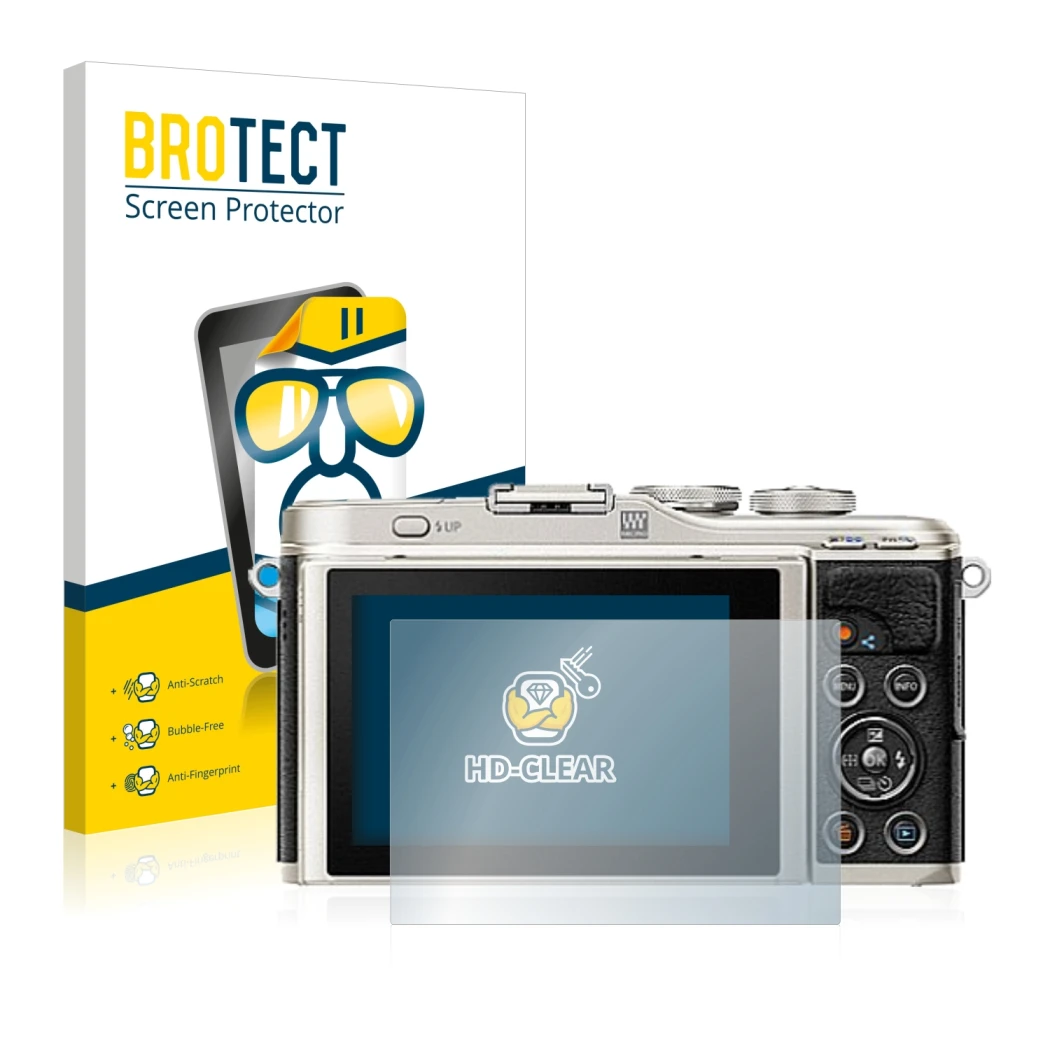 Front side of a product packaging with the brand logo BROTECT. Next to it is the device Olympus PEN E-PL9 shown with the corre