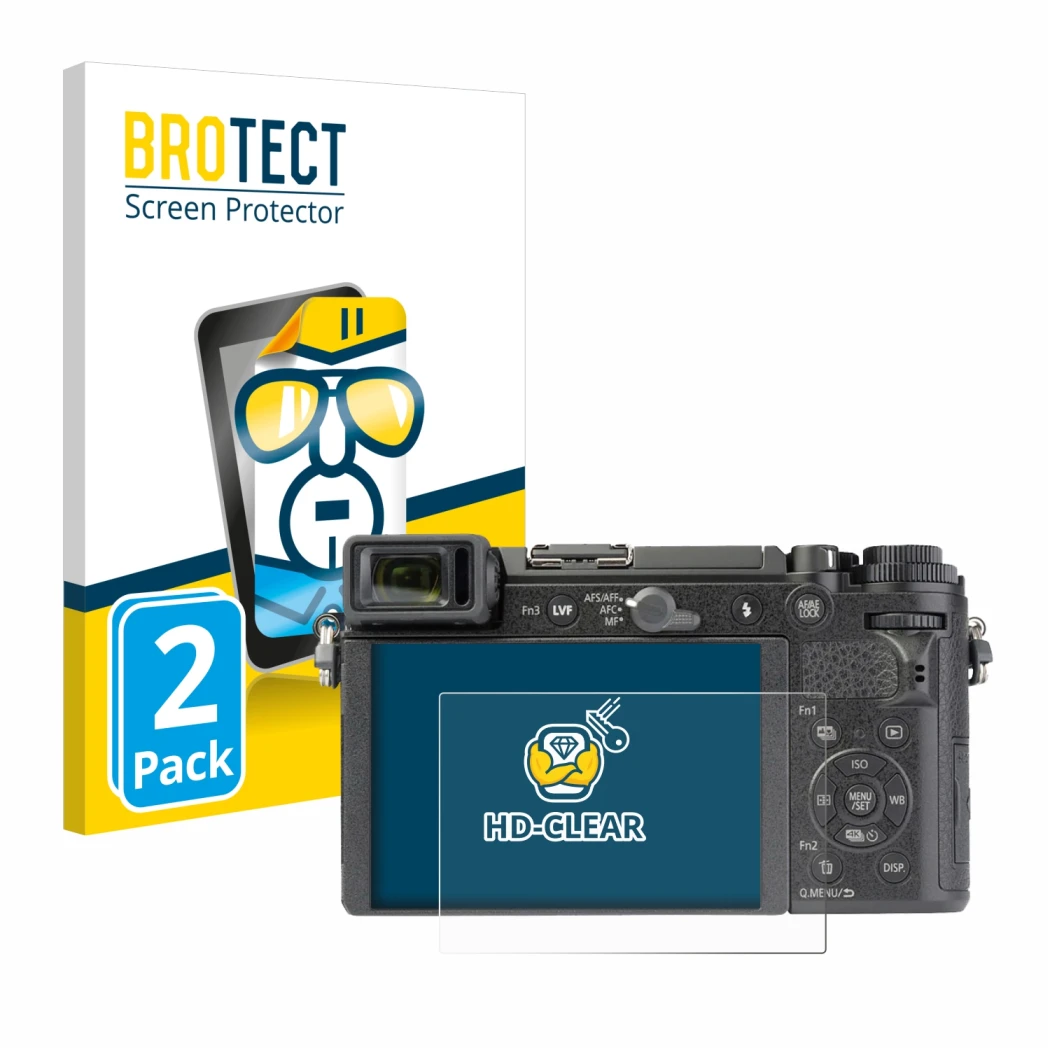Front side of a product packaging with the brand logo BROTECT. Next to it is the device Panasonic Lumix DC-GX9 shown with the