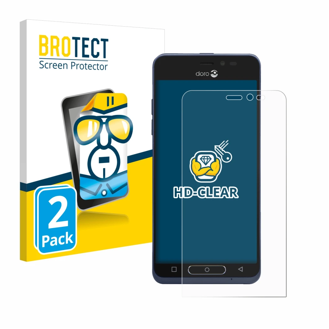 Front side of a product packaging with the brand logo BROTECT. Next to it is the device Doro 8035 shown with the corresponding