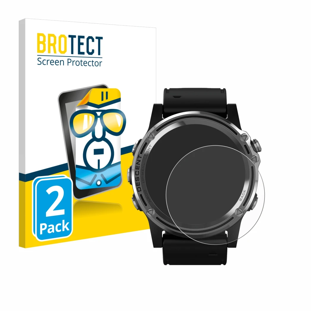 Front side of a product packaging with the brand logo BROTECT. Next to it is the device Garmin Descent Mk1 shown with the corr