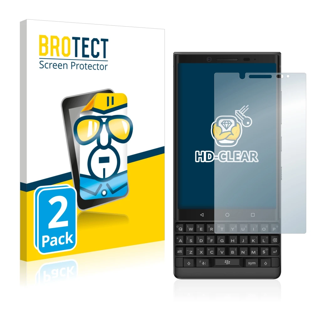Front side of a product packaging with the brand logo BROTECT. Next to it is the device BlackBerry Key2 shown with the corresp