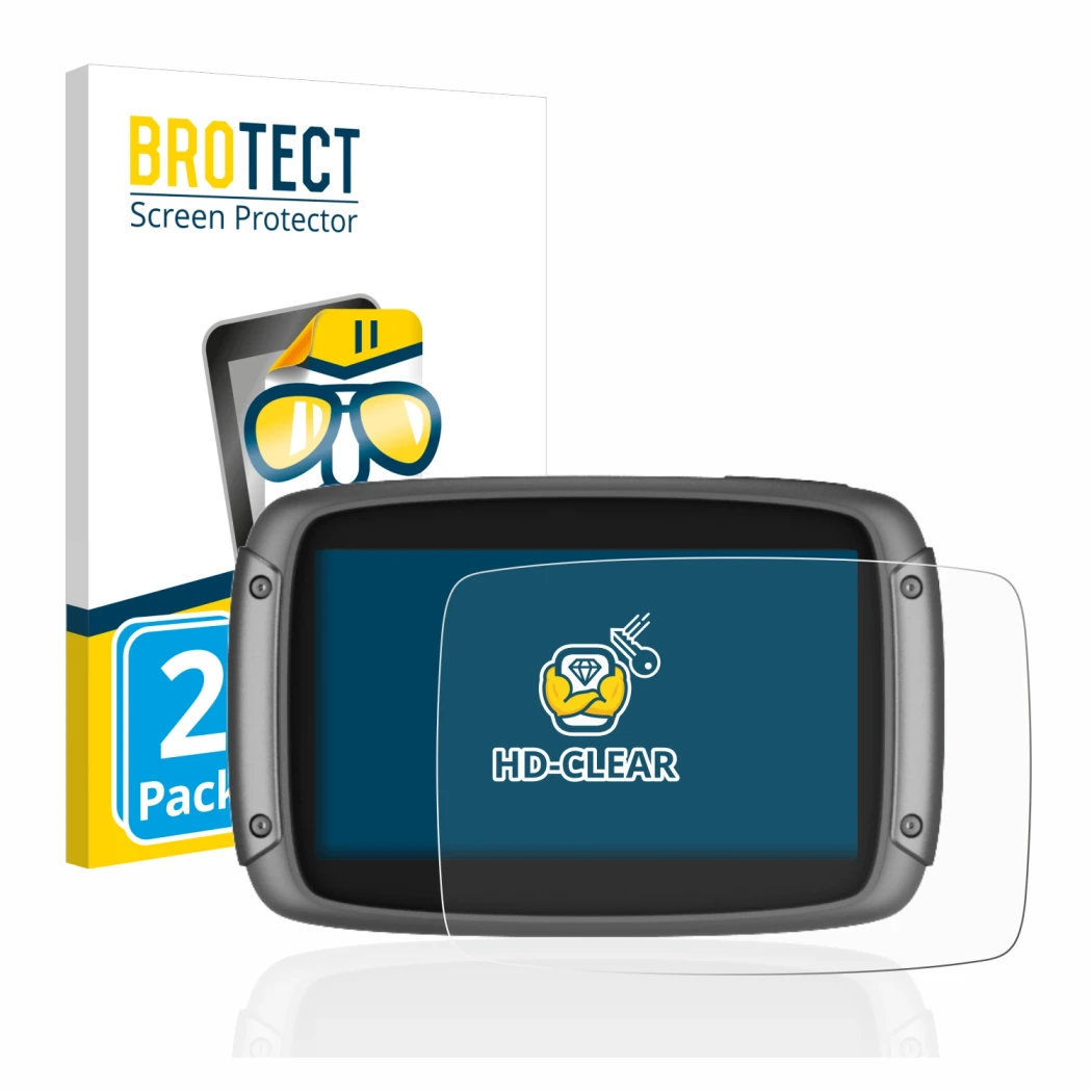 Front side of a product packaging with the brand logo BROTECT. Next to it is the device TomTom Rider 550 shown with the corres
