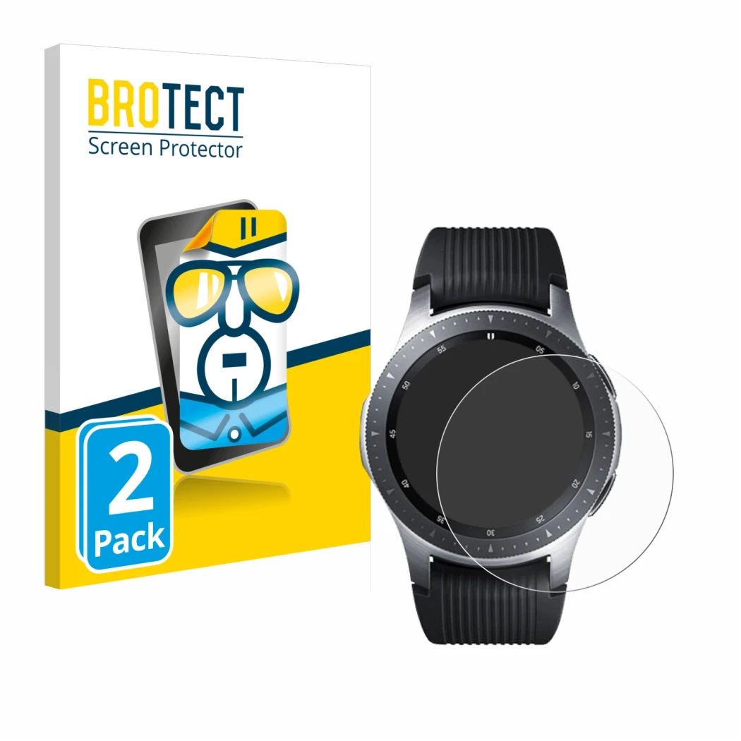 Front side of a product packaging with the brand logo BROTECT. Next to it is the device Samsung Galaxy Watch (46 mm) shown wit