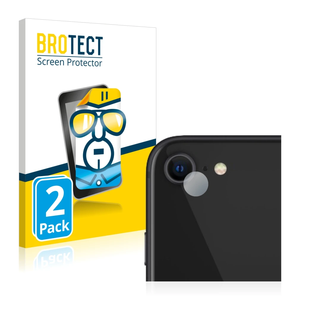 Front side of a product packaging with the brand logo BROTECT. Next to it is the device Apple iPhone SE 2 2020 (ONLY Camera Le