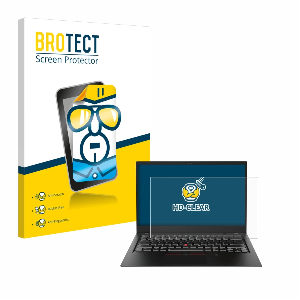 Front side of a product packaging with the brand logo BROTECT. Next to it is the device Lenovo ThinkPad X1 Carbon (6th. Gen.)