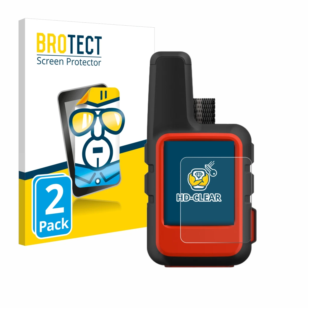Front side of a product packaging with the brand logo BROTECT. Next to it is the device Garmin inReach Mini shown with the cor