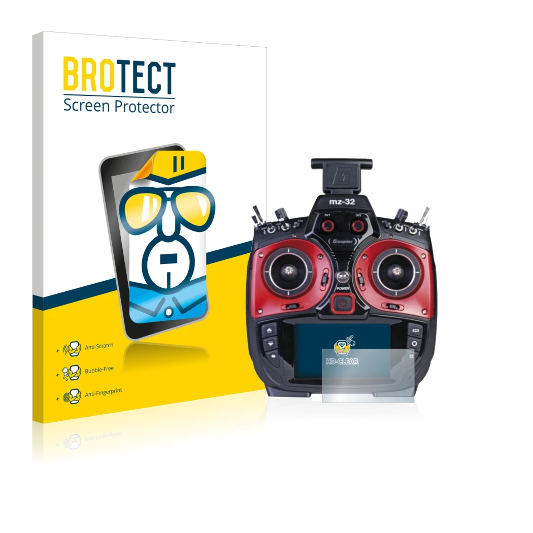 Front side of a product packaging with the brand logo BROTECT. Next to it is the device Graupner MZ-32 (3.Gen) shown with the 