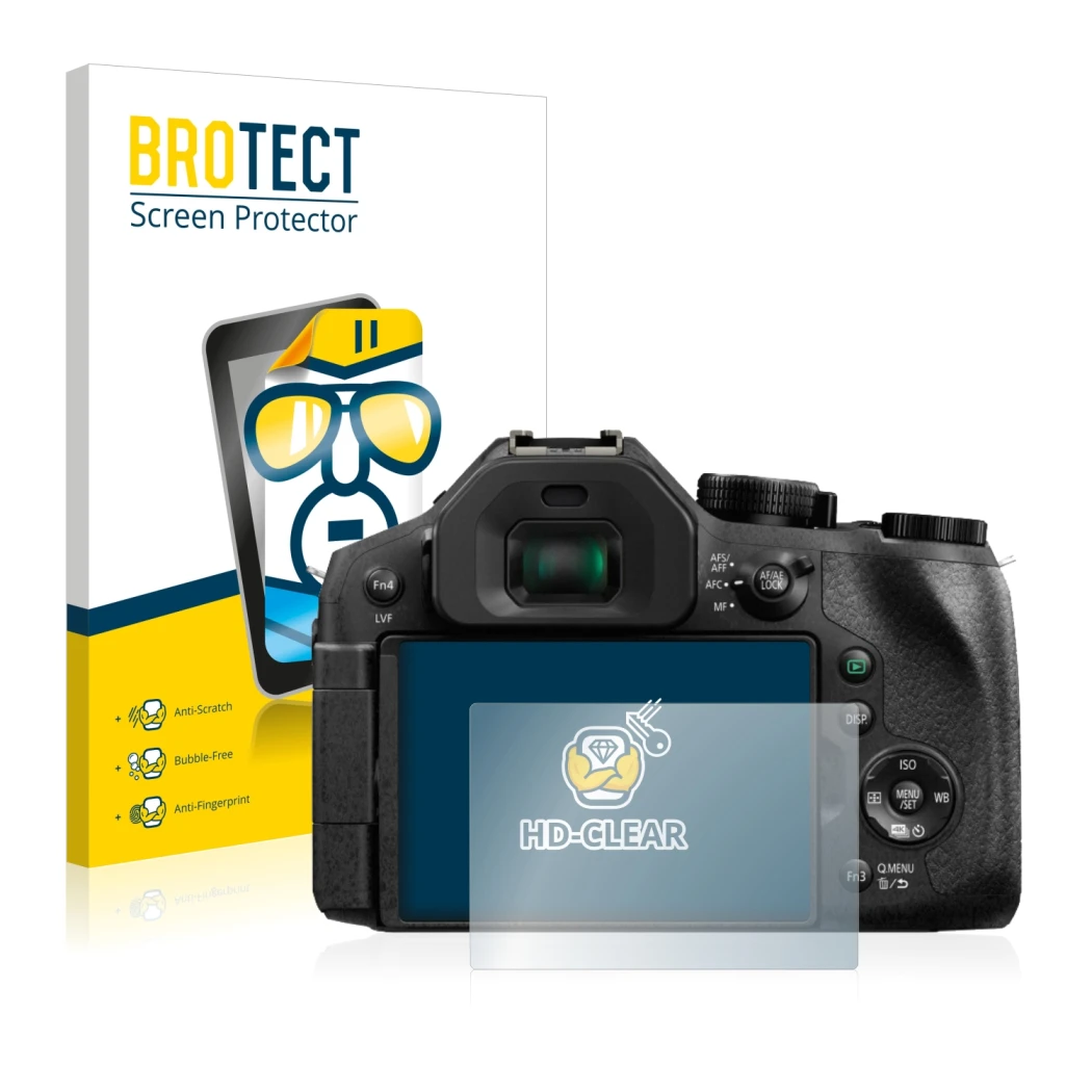 Front side of a product packaging with the brand logo BROTECT. Next to it is the device Panasonic Lumix DMC-FZ330 shown with t