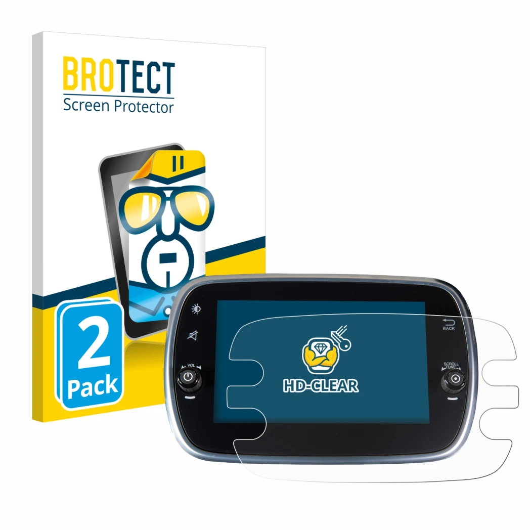 Front side of a product packaging with the brand logo BROTECT. Next to it is the device Fiat 500X 2016-2019 Uconnet 7