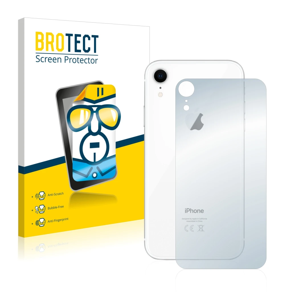 Front side of a product packaging with the brand logo BROTECT. Next to it is the device Apple iPhone XR (Back) shown with the 