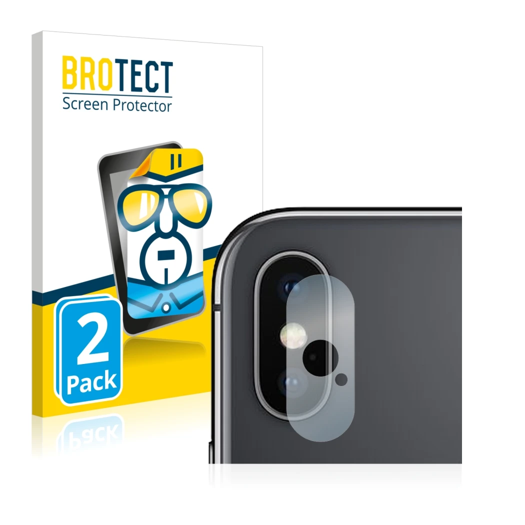 Front side of a product packaging with the brand logo BROTECT. Next to it is the device Apple iPhone Xs Max (ONLY Camera Lens)