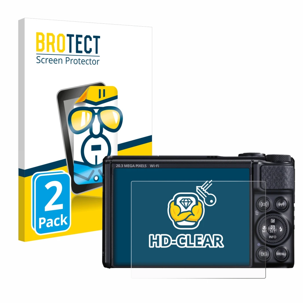 Front side of a product packaging with the brand logo BROTECT. Next to it is the device Canon PowerShot SX740 HS shown with th