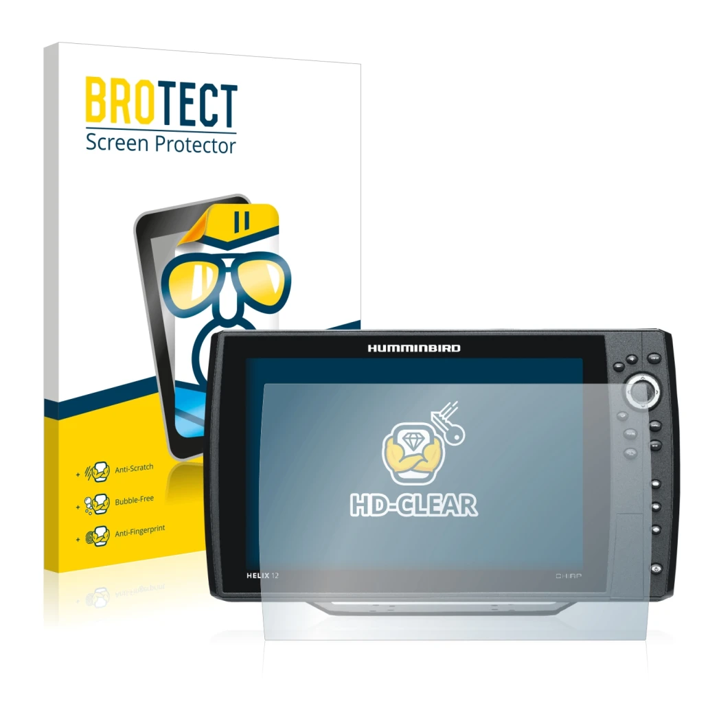 Front side of a product packaging with the brand logo BROTECT. Next to it is the device Humminbird Helix 12 shown with the cor