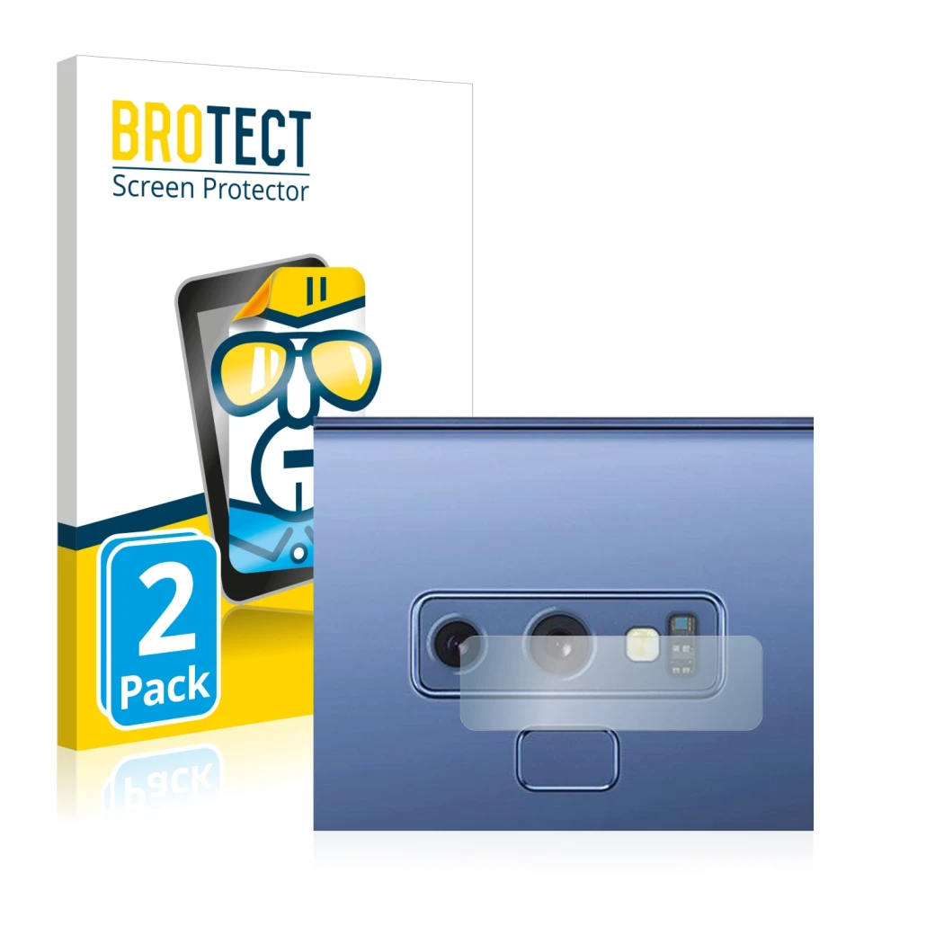 Front side of a product packaging with the brand logo BROTECT. Next to it is the device Samsung Galaxy Note 9 (ONLY Camera Len
