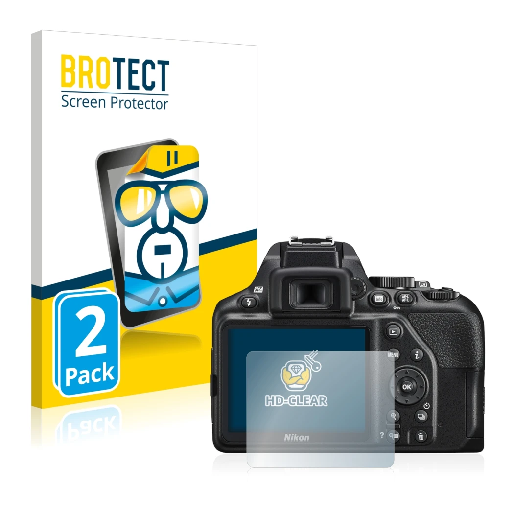 Front side of a product packaging with the brand logo BROTECT. Next to it is the device Nikon D3500 shown with the correspondi