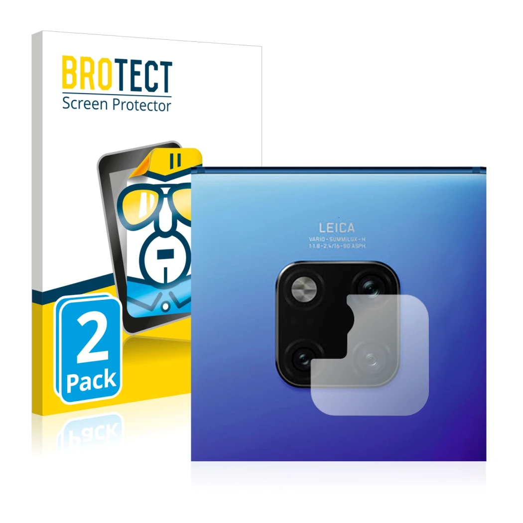 Front side of a product packaging with the brand logo BROTECT. Next to it is the device Huawei Mate 20 Pro (ONLY Camera Lens)