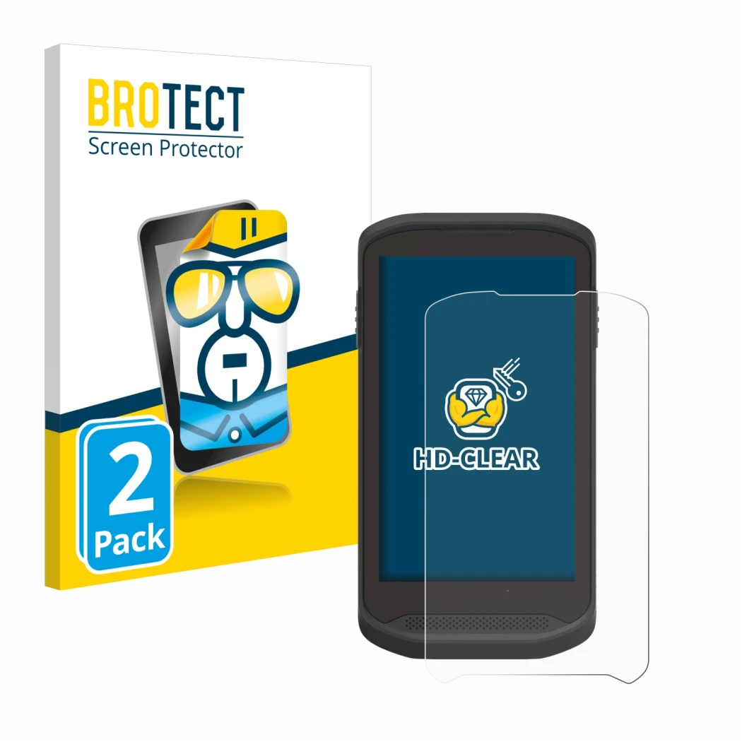 Front side of a product packaging with the brand logo BROTECT. Next to it is the device Zebra TC25 shown with the correspondin